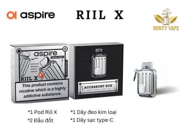 Bộ sản phẩm Aspire Riil X Pod Kit Chính Hãng đi kèm các loại phụ kiện đặc biệt có kèm dây đeo