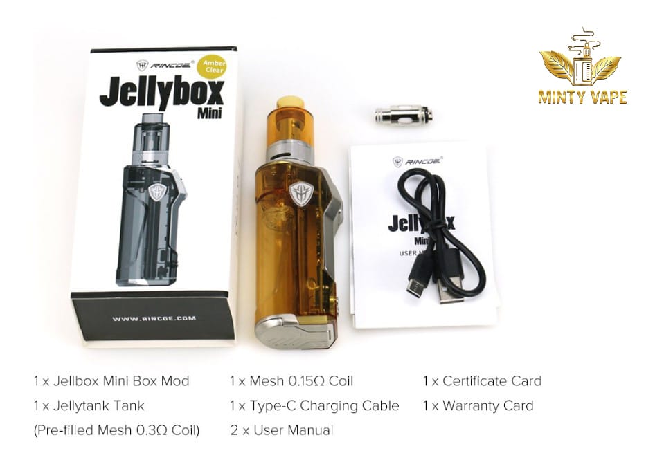 Trọn bộ sản phẩm Rincoe Jellybox Mini 80W Box mod và phụ kiện
