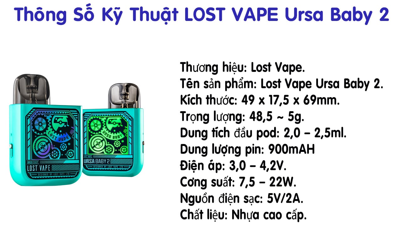 Chi Tiết thông số kỹ thuật sản phẩm Lost Vape Ursa baby 2 pod system kit